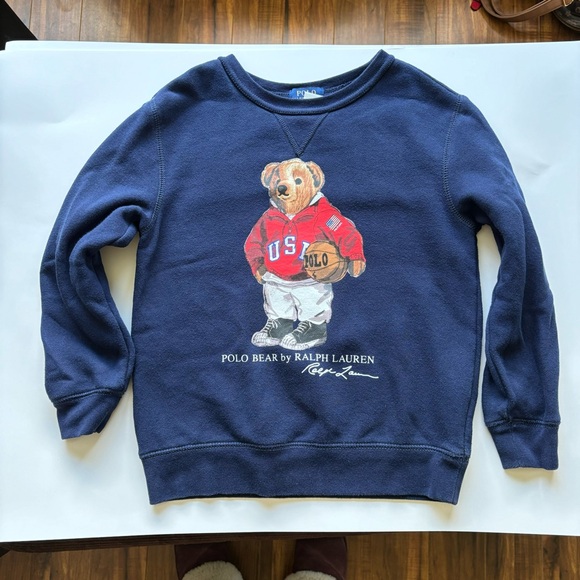 Size 7 kids Ralph Lauren POLO Bear basketball navy blue crew neck sweater - Picture 2 of 11
